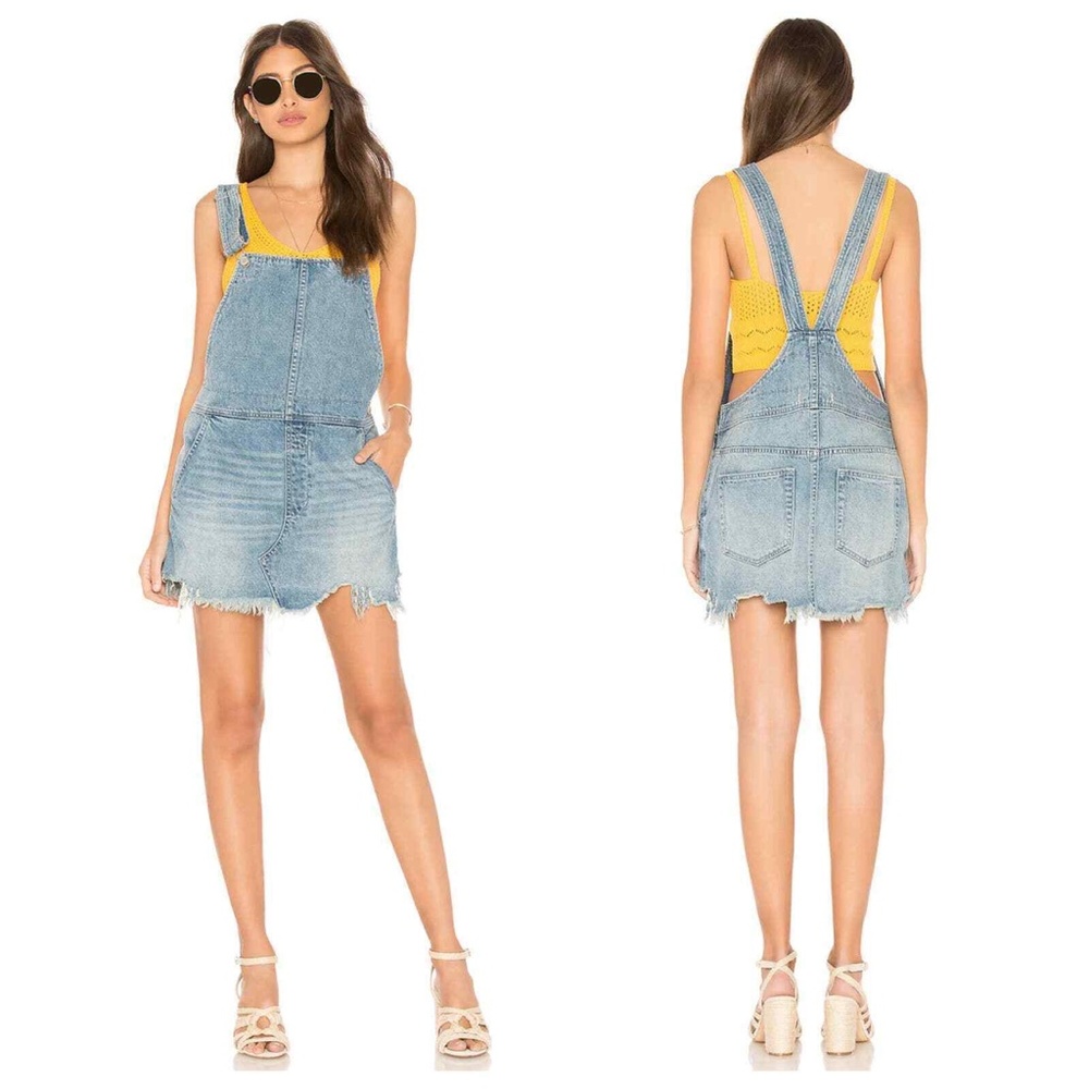 Free People denim distressed frayed hemline overall Jean dress 6
